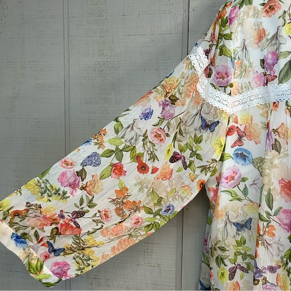 Womens Floral Butterfly Tunic Top Size XL Pullover Long Sleeve Fairy Cottage - Picture 3 of 13